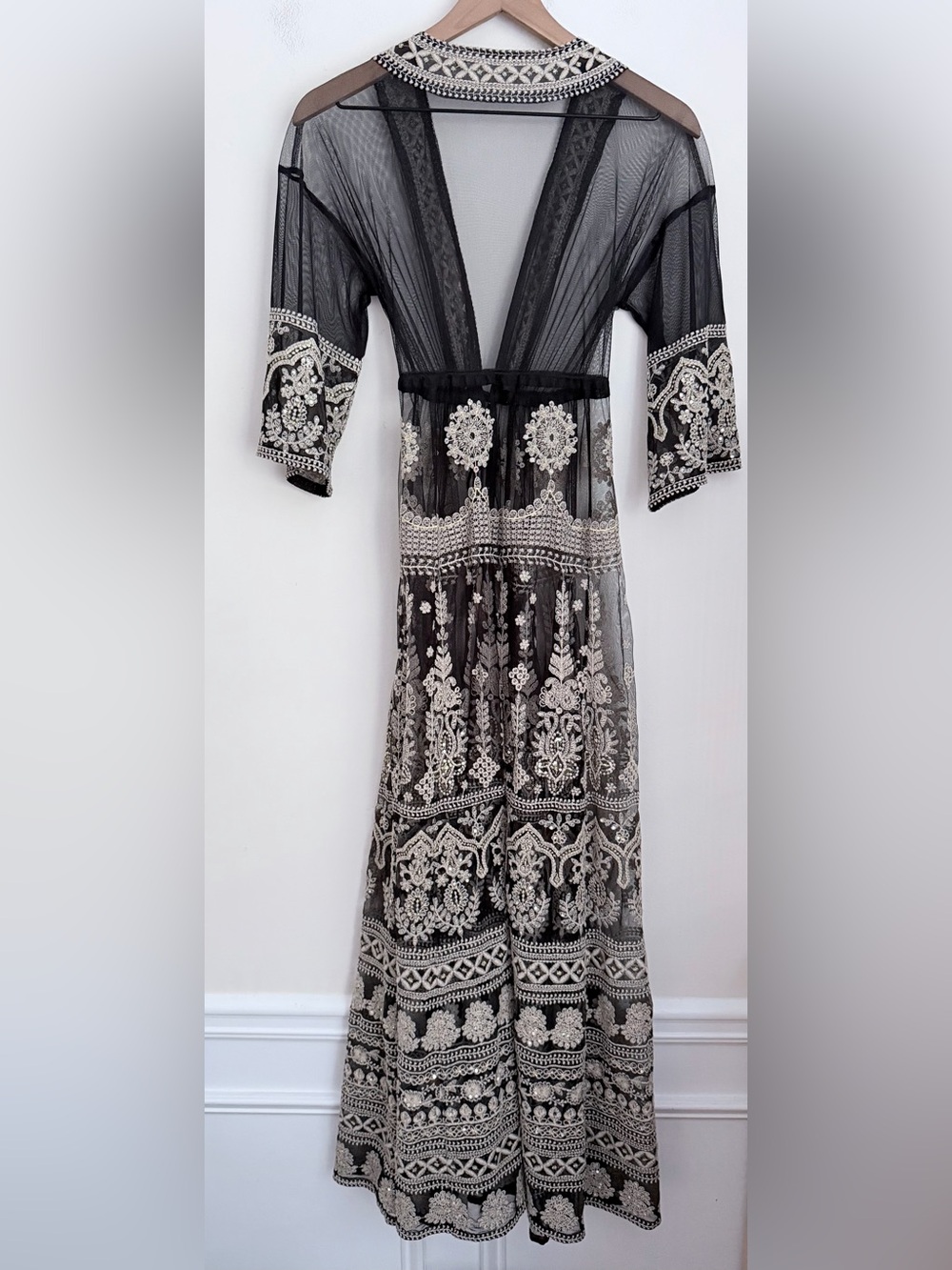 Soft Surroundings black mesh Longline duster sequin Embroidered floral tassels S - Picture 3 of 7
